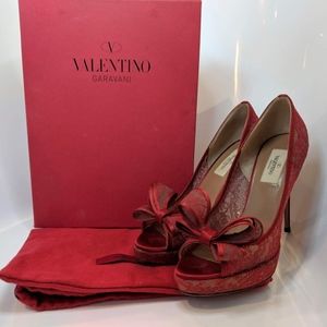 Valentino Red Lace Bow Peep Toe Pumps